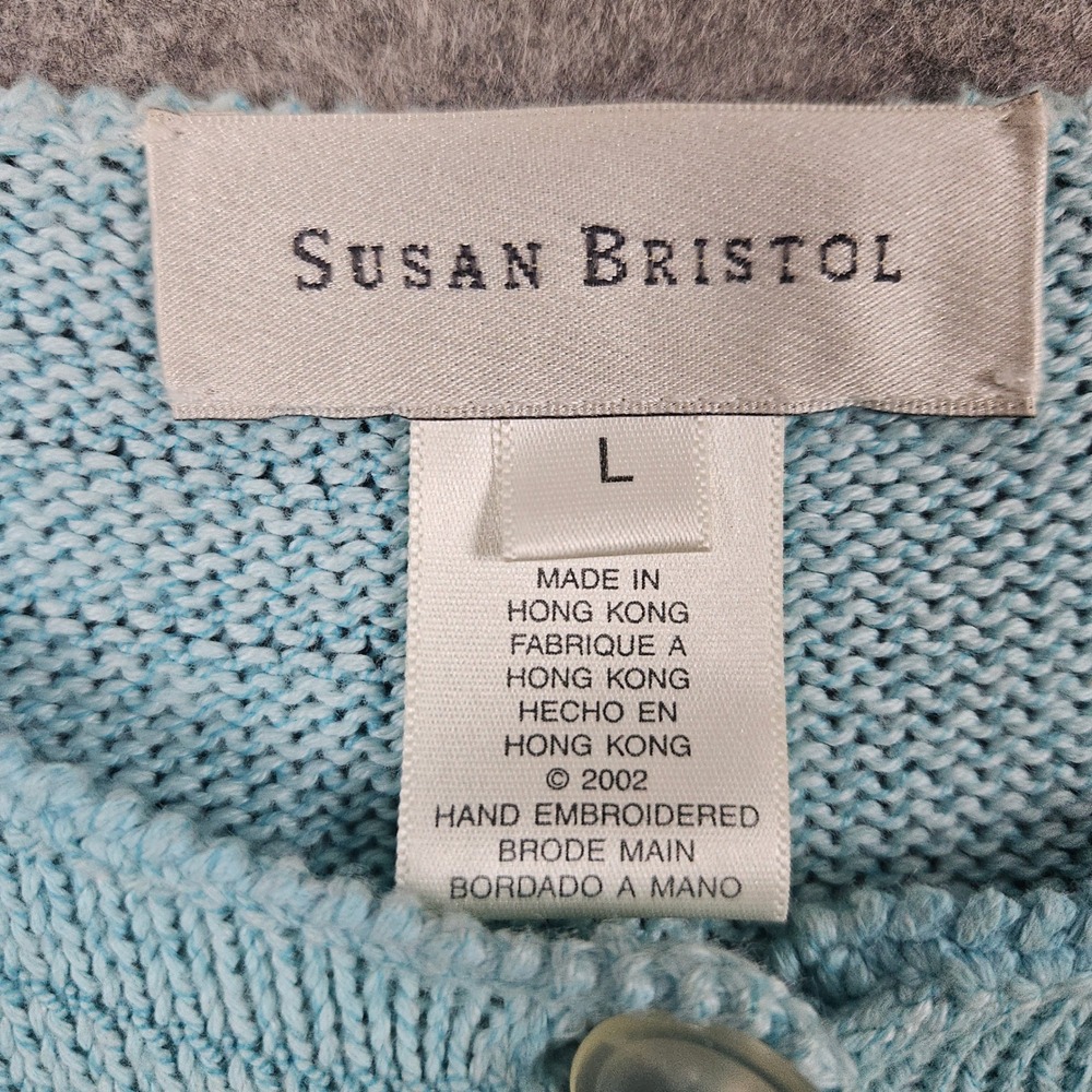Susan Bristol Women's Blue Cardigan Size L Cotton Blend Palm Trees Rock Coconuts - Picture 3 of 11